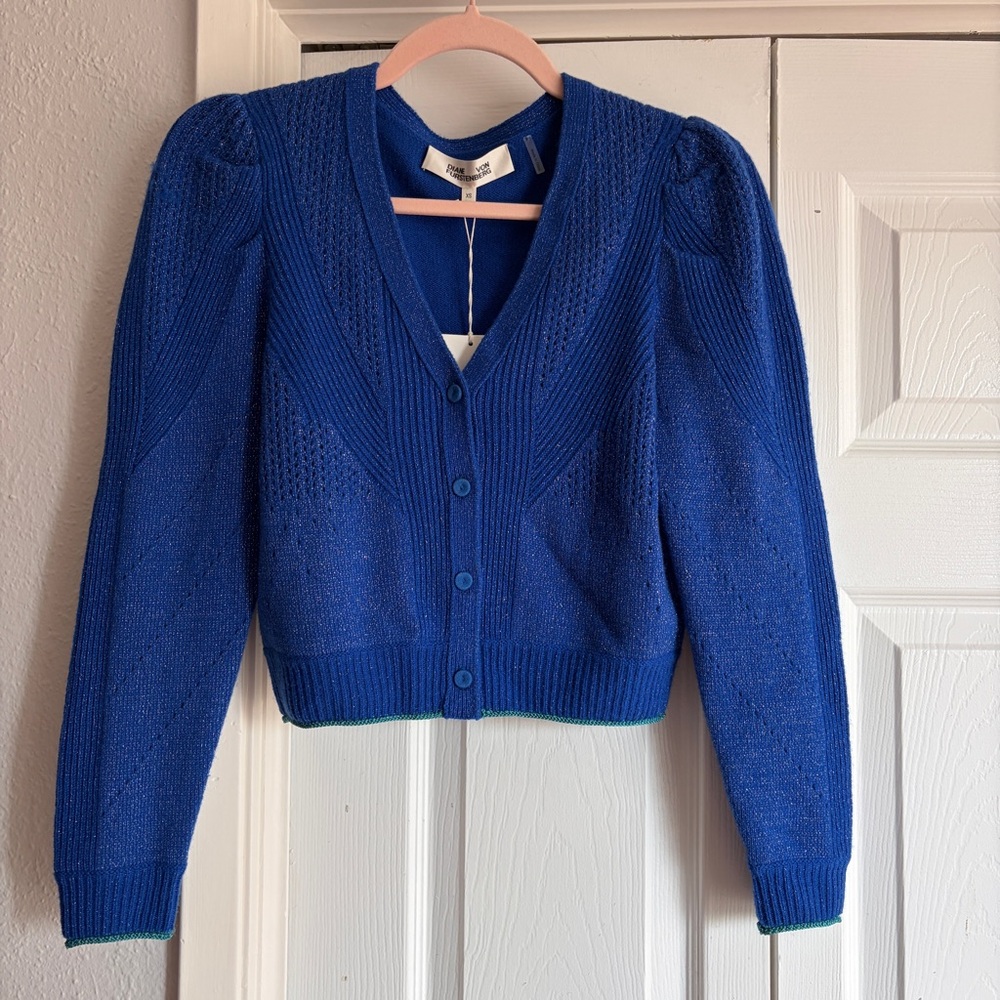 DIANE VON FURSTENBERG DVF Havana Cardi Wool Cashmere Sweater Royal Blue